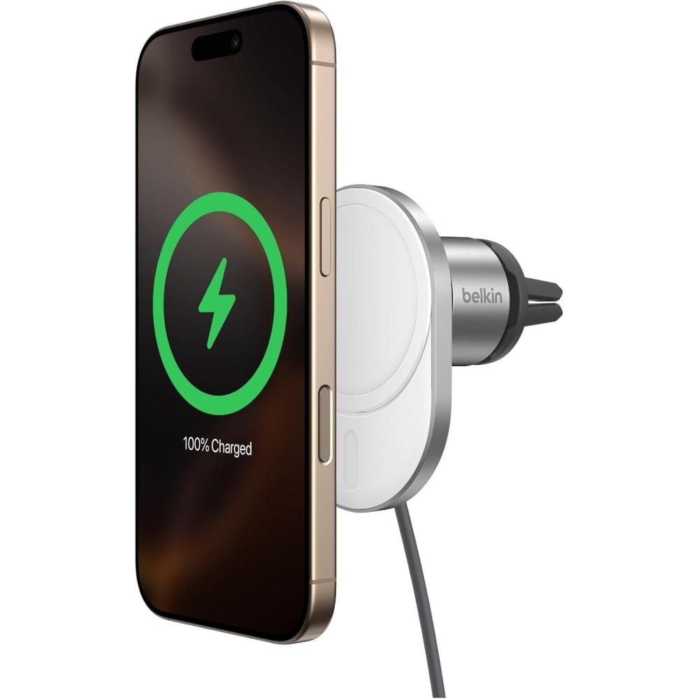 imageBelkin MagSafeCompatible Wireless Car Charger 15W Fast Charging Wireless Charger  Powerful Magnetic Vent Holder for iPhone 17 16 15 14 13 Series Pixel 10 Secure Car Phone Mount  WhiteCharging Mount