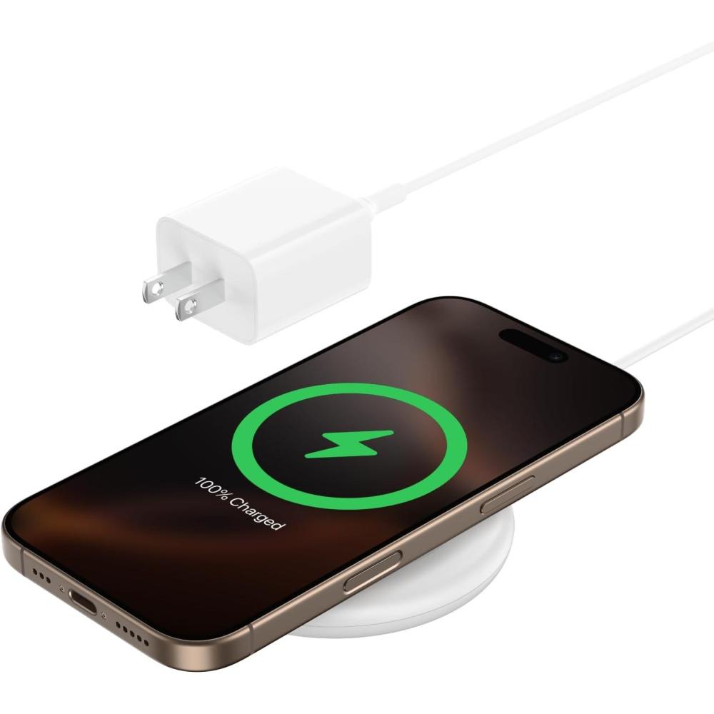 imageBelkin Magnetic Wireless Charging Pad 15W MagSafeCompatible Qi2Certified Wireless Charger for iPhone 16 Series Samsung Galaxy S25 AirPods amp More wNonSlip Base Power Supply Included BlackWhite