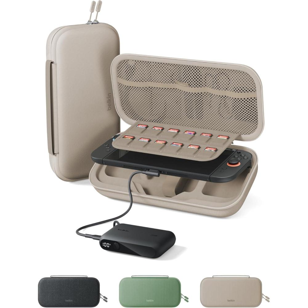 imageBelkin Nintendo Switch 2 Case wIntegrated 10000mAh Power Bank Charger Portable Hard Shell Protective Carrying Case with Pockets for AirTag Game Cartridges for Travel SandSand