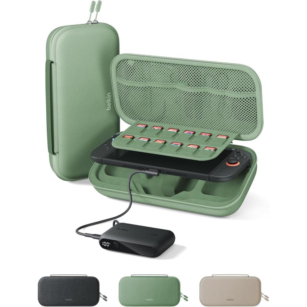 imageBelkin Nintendo Switch 2 Case wIntegrated 10000mAh Power Bank Charger Portable Hard Shell Protective Carrying Case with Pockets for AirTag Game Cartridges for Travel SandSage