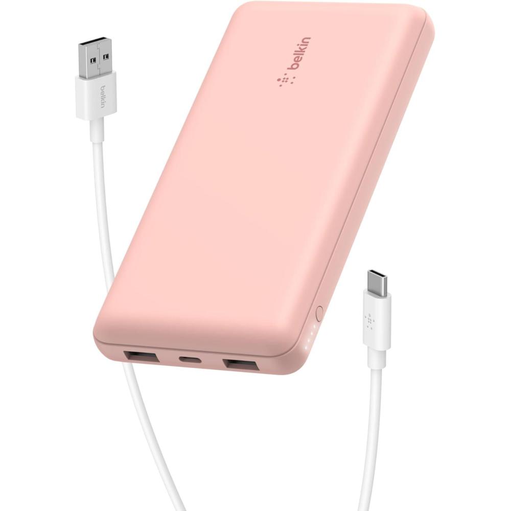 imageBelkin Portable Charger USB C Power Bank 20000 mAh w 2 USBA Ports 15W w TypeA to TypeC Cable  iPhone 17 Air Pro Pro Max AirPods Samsung Galaxy S25 S24 Google Pixel 10 iPad etc  BlueRose Gold