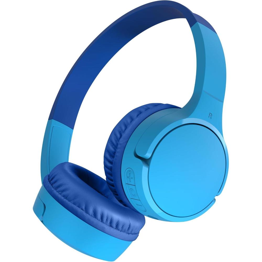 imageBelkin SoundForm Childrens Mini Wireless Headphones with Builtin Microphone and Fun Sticker 30 Hours Playback Study Holidays on Ear Headphones for iPhone iPad Galaxy Blue