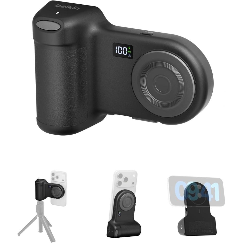 imageBelkin Stage Powergrip Magnetic Wireless Charging Camera Grip 9300mAh Power Bank wRetractable USB C Cable Bluetooth Tripod Attachment LCD Screen Portable Charger for iPhone Google Pixel etc
