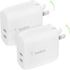 Belkin 40W Dual Port USB C Wall Charger Block – USB C Fast Charging for Apple iPhone, iPad, Samsung Galaxy Phone, & More – Programmable Power Supply Tech – Folding Prongs – White(2-Pack)