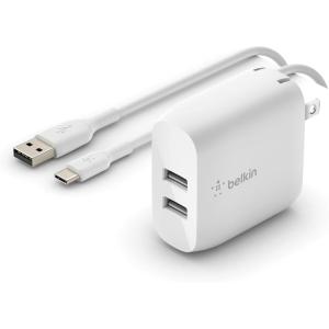 Belkin 24W Dual Port USB Wall Charger w/ USB-C Cable Included – Fast Charging iPhone 16 Charger for Power Bank, iPad & iPad Pro, Samsung Galaxy S25, Google Pixel, & More
