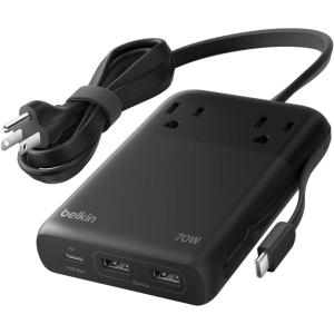 Belkin 2-Outlet GaN Charging Station 140W, USB C Charger w/ 2X AC Outlets, 3X USB C Ports, and 1x USB A Port – Power Strip for iPhone, Apple Watch, iPad, MacBook, Chromebook, Galaxy, Pixel, & More(70W  2 AC Outlet w/ Integrated Cable)