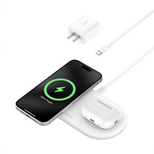 Belkin 2-in-1 Wireless Charging Pad w/ Qi2 15W + Additional USB-C Port – MagSafe-Compatible Charger, Charging Station for iPhone 16 & 15 Series, Samsung Galaxy S25 Series, AirPods, & More – White(White)
