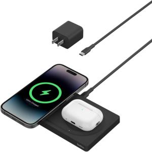 Belkin 2-in-1 Wireless Charging Pad with MagSafe 15W, Fast Charging iPhone Charger – Wireless Charging Station for iPhone 17, 16, 15, and 14 Series, AirPods, and Other MagSafe Enabled Devices – Orange(Black)
