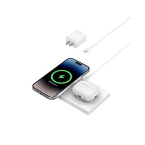 Belkin 2-in-1 Wireless Charging Pad with MagSafe 15W, Fast Charging iPhone Charger – Wireless Charging Station for iPhone 17, 16, 15, and 14 Series, AirPods, and Other MagSafe Enabled Devices – Orange(White)