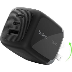 Belkin 3-Port USB C Charger Block 70W, Multi-Port GaN Wall Charger w/ 2X USB C Ports & 1x USB A Port, Fast Charging for MacBook, iPhone 17, iPad Pro, Samsung Galaxy S25, Google Pixel 10, & More