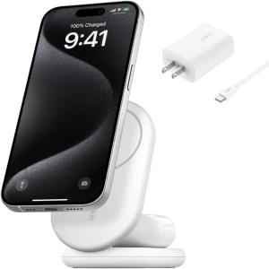 Belkin 3-in-1 MagSafe-Compatible iPhone Charger – Foldable Magnetic Qi2 Certified, MagSafe Charging Station for Phone, Apple Watch, AirPods – Wireless for Multiple Devices(White)