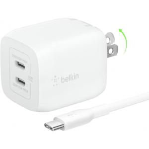 Belkin 45W Dual USB C Charger Block, Super Fast Charging PD3.0 w/ GaN Technology – Samsung Galaxy S25, Apple iPhone 17, Air, Pro, Pro Max, iPad, MacBook, AirPods, Nintendo Switch 2 & More – White(45W White + USB-C Cable)