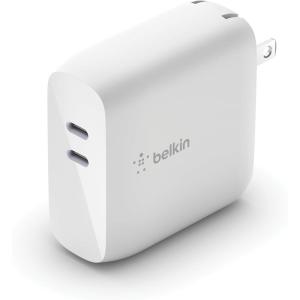 Belkin Dual Port USB C Charger Block 68W – USB C Cable Included (2M) – GaN w/ PD iPhone Fast Charging – Samsung Galaxy S25, Apple iPhone 17, Air, Pro, iPad, AirPods, Macbook, Nintendo Switch 2 – White(Includes USB-C to USB-C cable)
