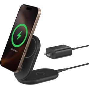 Belkin Magnetic Foldable Wireless Charging Stand 15W – MagSafe-Compatible Qi2-Certified Charger, Wireless Charging Stand for iPhone 16, Galaxy S25, & More – Standby Mode Ready w/PSU Included – Black
