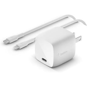 Belkin USB C Charger Block 30W – USB-C to C Cable Included – PPS, USB-IF Certified PD 3.0 Super Fast Charging – Samsung Galaxy S25, Apple iPhone 17, Air, Google Pixel, Nintendo Switch 2 & More – White(30W GaN + Lightning Cable)