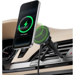 Belkin Wireless Car Charger, Magnetic Car Dash Mount w/ 1M USB C Cable, Qi2 MagSafe Compatible Fast Charging iPhone Charger for iPhone 17, Galaxy S25, Pixel 10, & More – Travel Accessories – Black(Vent Mount)