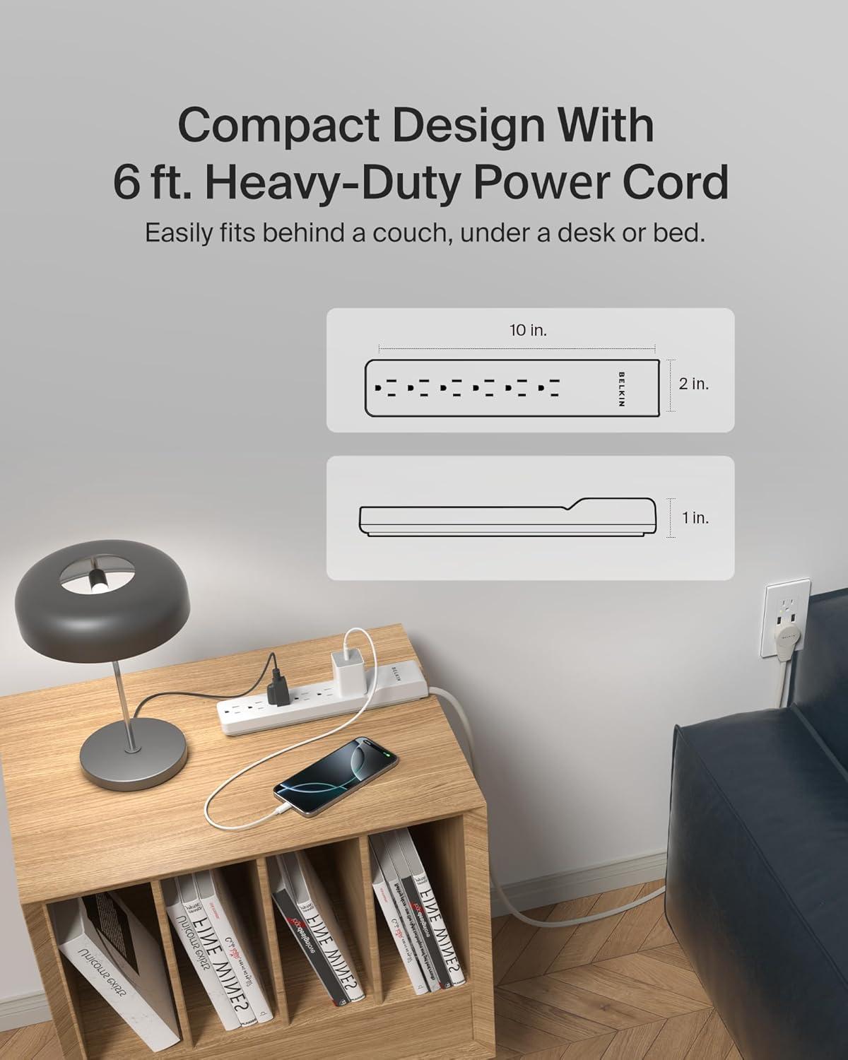 imageBelkin 6Outlet Surge Protector Power Strip 6ft Cord 360 Rotating Plug 1080 Joules Protection6 ft