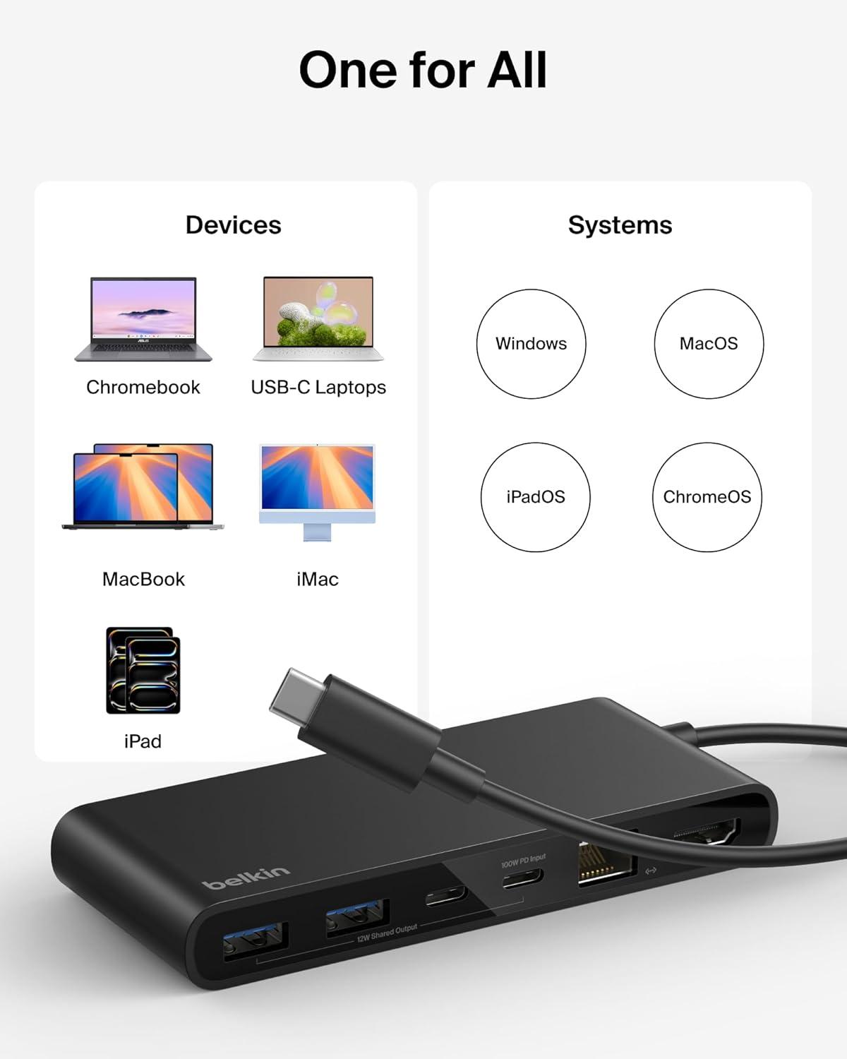 imageBelkin Connect 8Port USB C Hub Supports Display wResolutions up to 4K60Hz Works with Mac Windows and Chromebook 100W PD w 10Gbps Data Transfer Speeds amp 25Gbps Ethernet Black