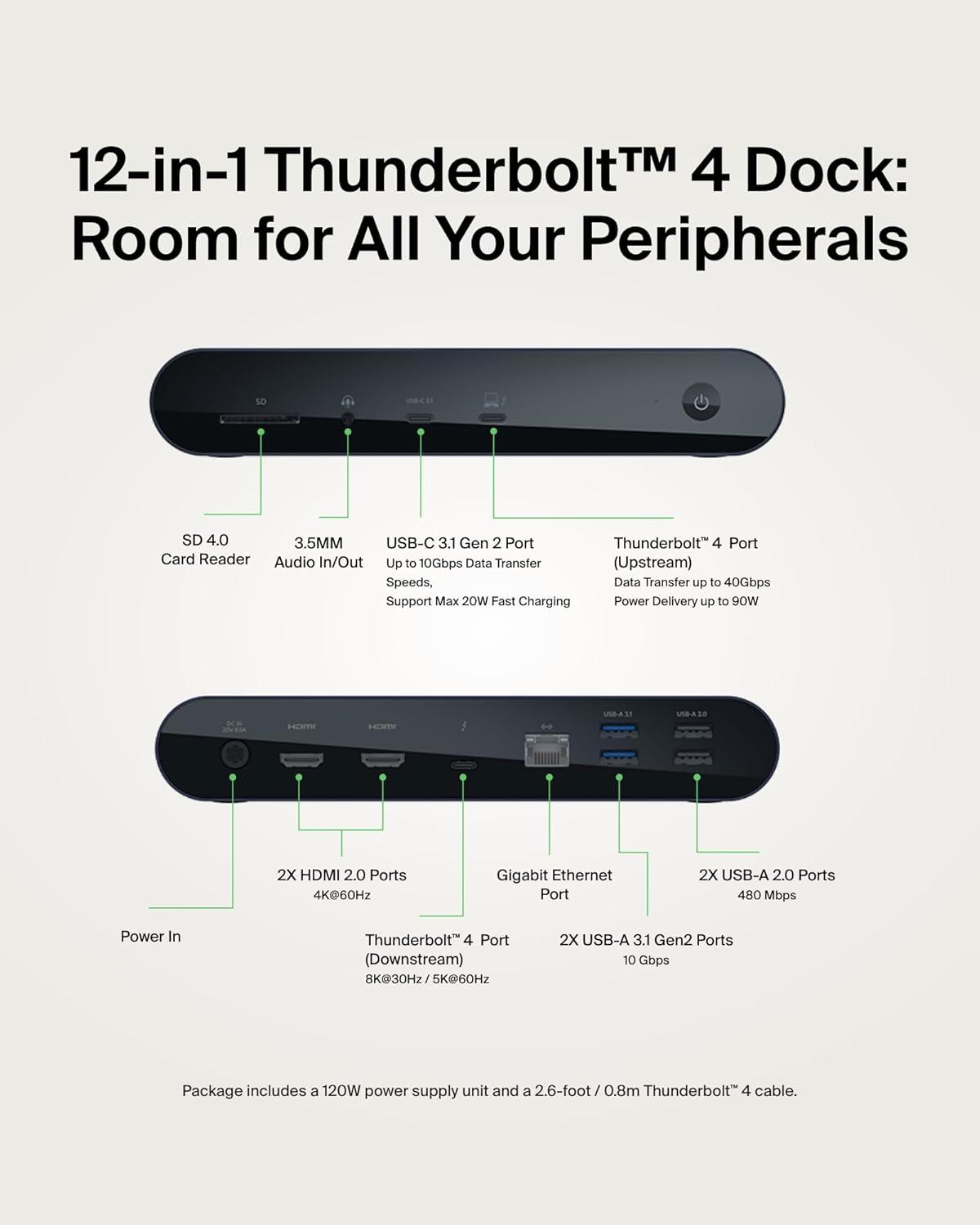 imageBelkin Thunderbolt 4 Docking Station with 90W Power Delivery for MacBook amp Windows 8KDual 4K Display Thunderbolt 4 Cable HDMI Ethernet SD amp Audio Ports Gray