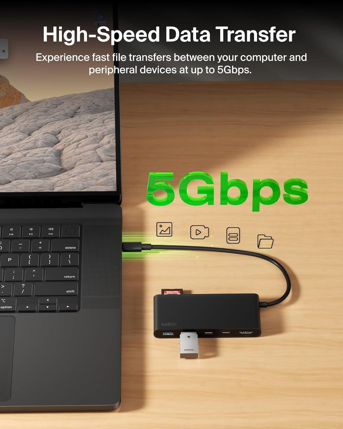 imageBelkin USB C Hub 7Port Hub w 4K HDMI Display 60Hz SD amp MicroSD 100W Power Delivery Fast Data Transfer 5Gbps USB C Multiport Adapter for MacBook iPad Pro Chromebook etc Upgraded HDMI 20