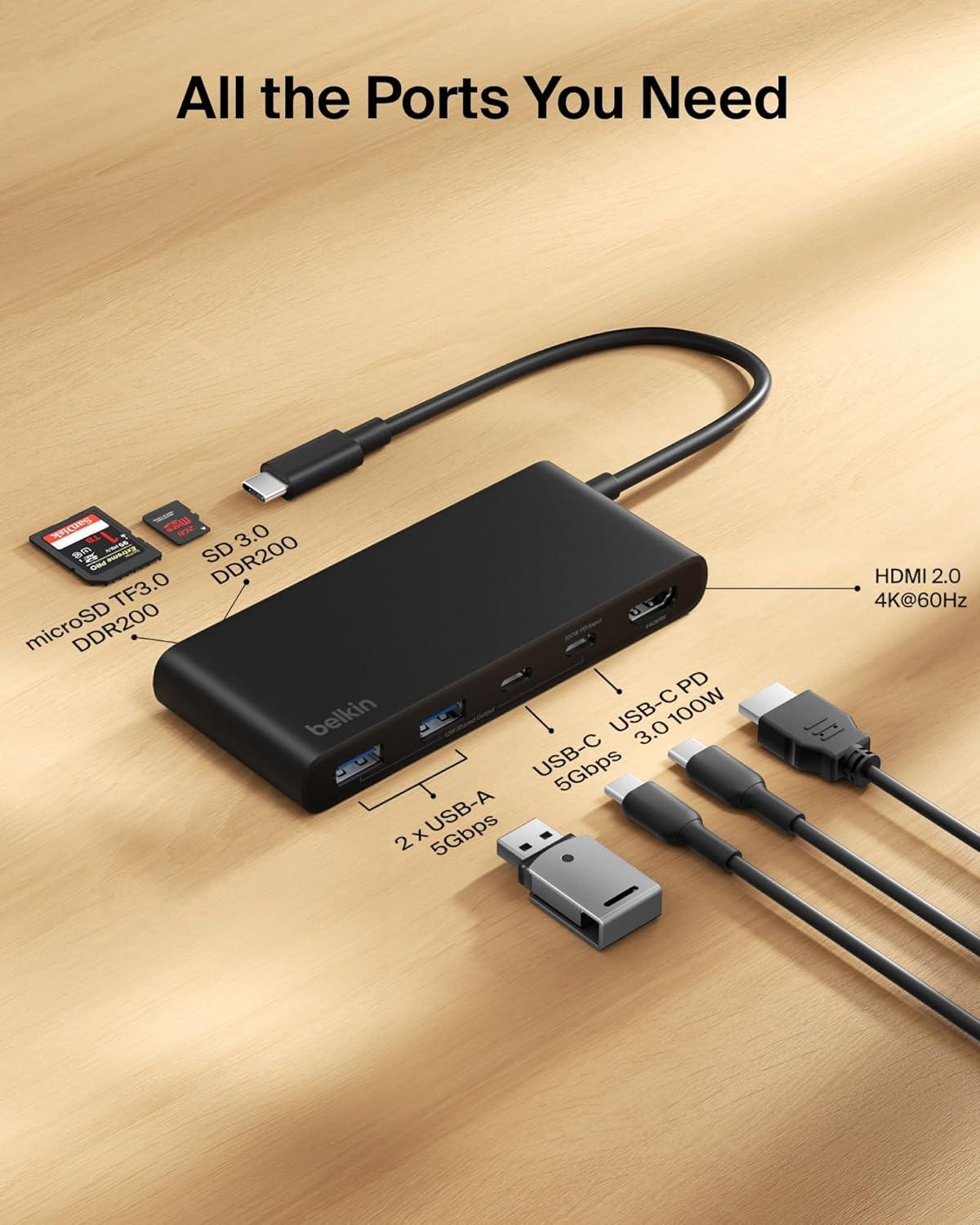imageBelkin USB C Hub 7Port Hub w 4K HDMI Display 60Hz SD amp MicroSD 100W Power Delivery Fast Data Transfer 5Gbps USB C Multiport Adapter for MacBook iPad Pro Chromebook etc Upgraded HDMI 20