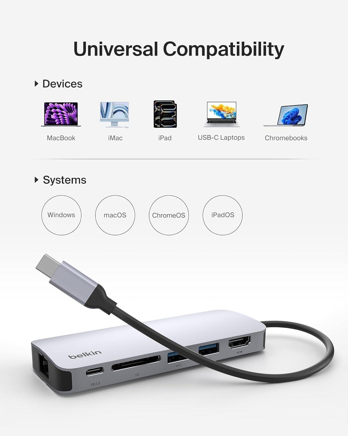 imageBelkin USBC Hub 6in1MultiPortAdapter Dock with 4K HDMI USBC 100W PD PassThrough Charging 2X USBA Ports Gigabit Ethernet Ports and SD Slot for MacBook Pro Air iPad Pro XPS and More