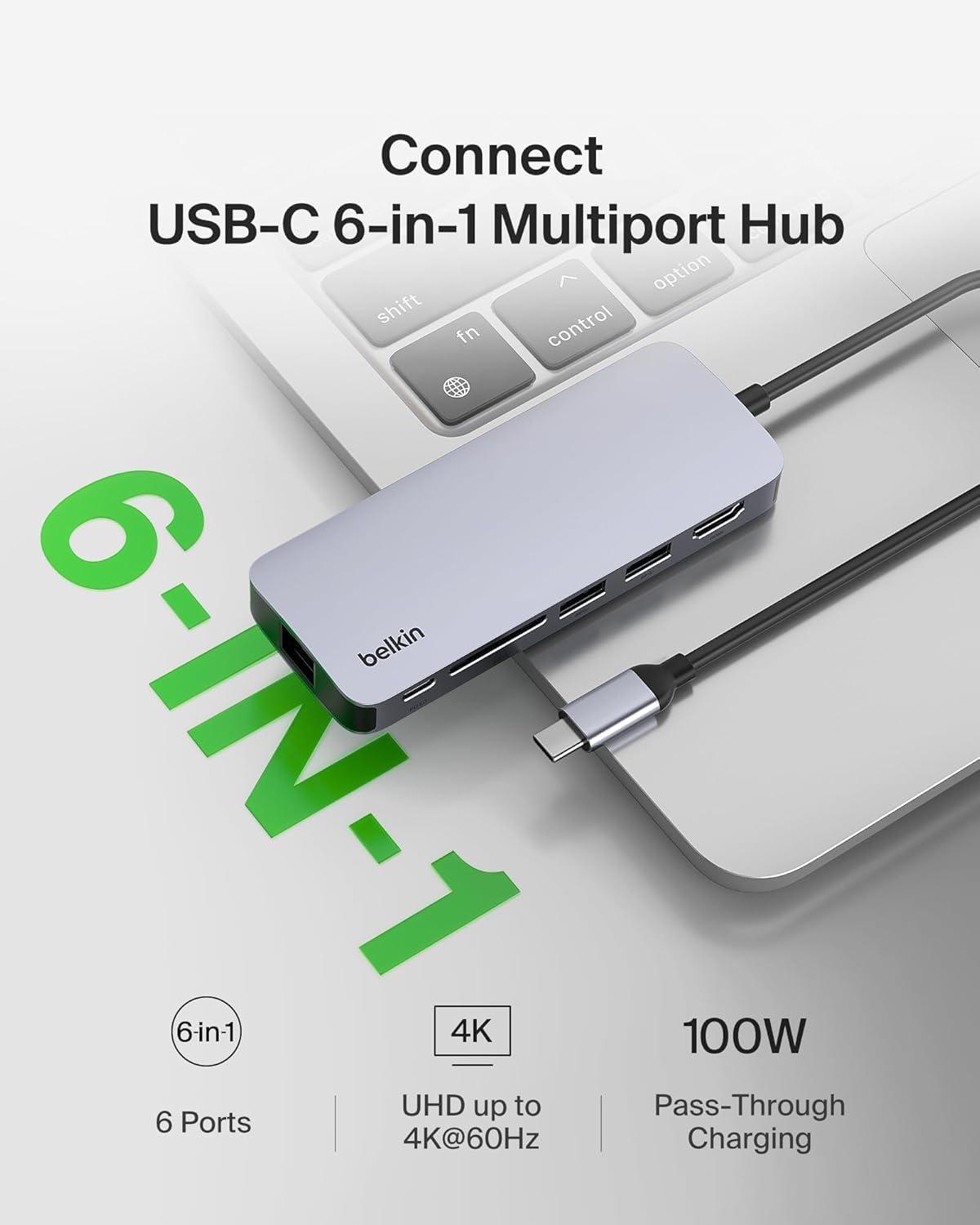 imageBelkin USBC Hub 6in1MultiPortAdapter Dock with 4K HDMI USBC 100W PD PassThrough Charging 2X USBA Ports Gigabit Ethernet Ports and SD Slot for MacBook Pro Air iPad Pro XPS and More