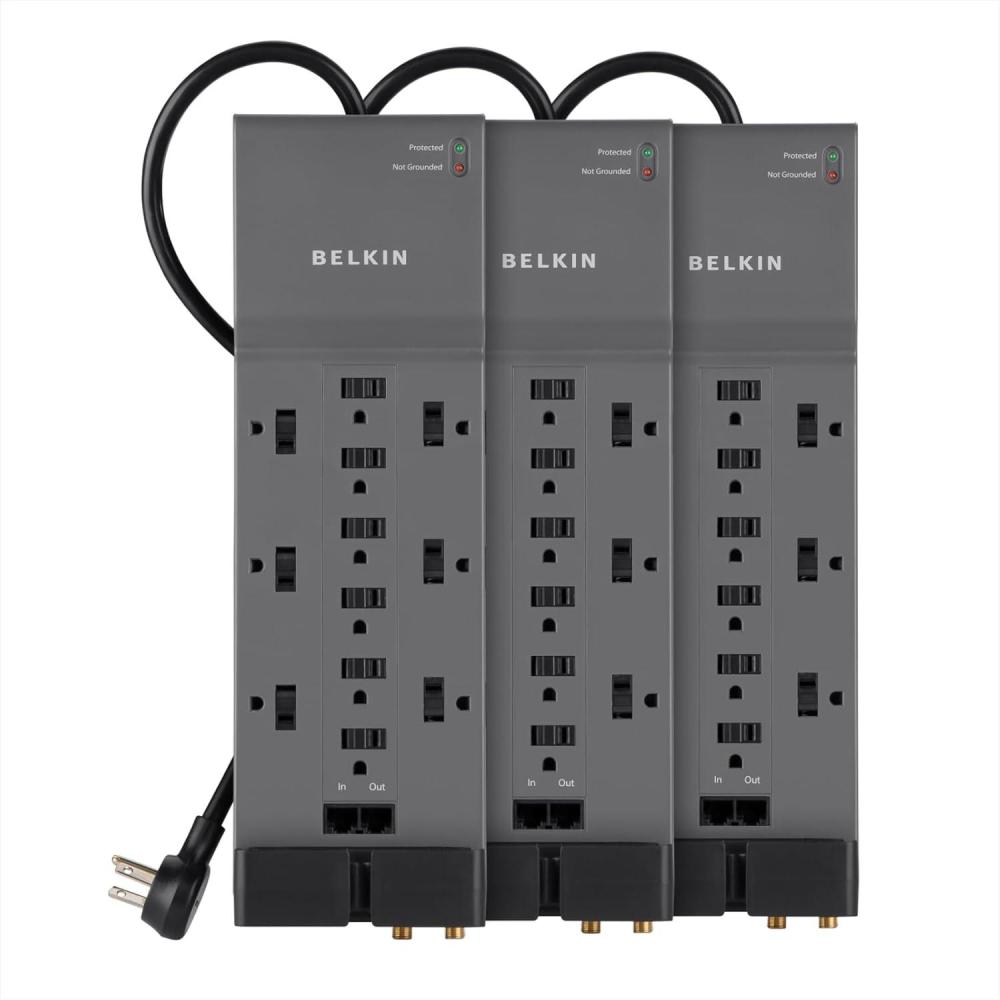 imageBelkin 12Outlet Power Strip Surge Protector with 10Foot Cord and Telephone Ethernet Coaxial Protection BE11223410 Gray Pack of 33 Pack