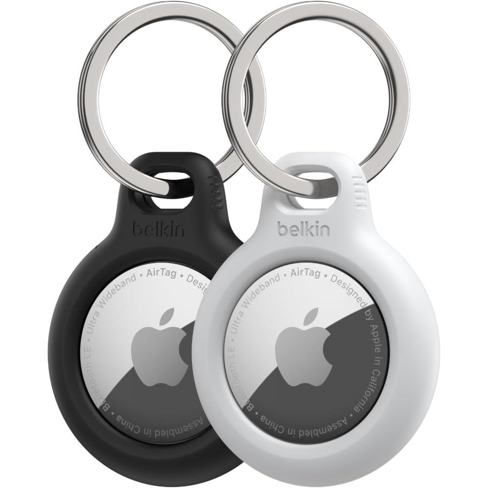 imageBelkin Apple AirTag Secure Holder with Key Ring  Durable Scratch Resistant Case With Open Face amp Raised Edges  Protective AirTag Keychain Accessory For Keys Pets Luggage Backpacks 2 Count BlackBlackWhite