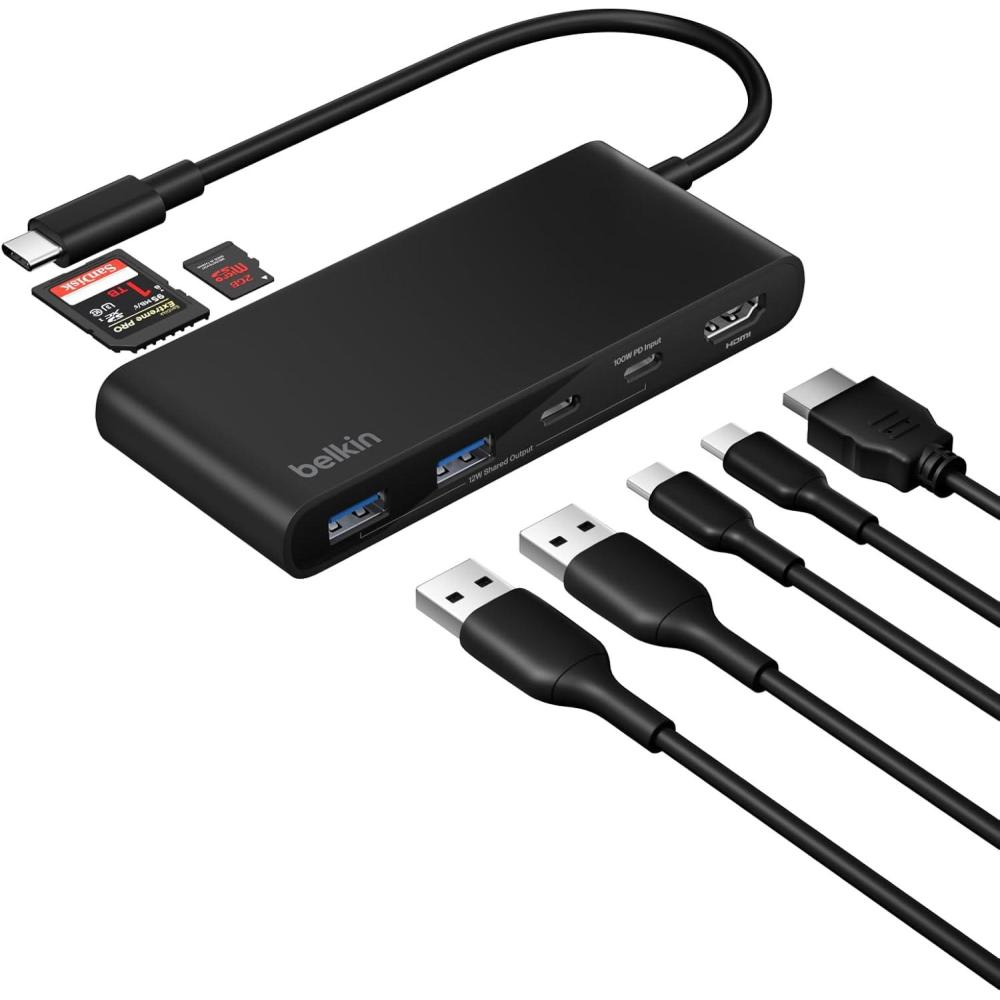 imageBelkin USB C Hub 7Port Hub w 4K HDMI Display 60Hz SD amp MicroSD 100W Power Delivery Fast Data Transfer 5Gbps USB C Multiport Adapter for MacBook iPad Pro Chromebook etc Upgraded HDMI 20