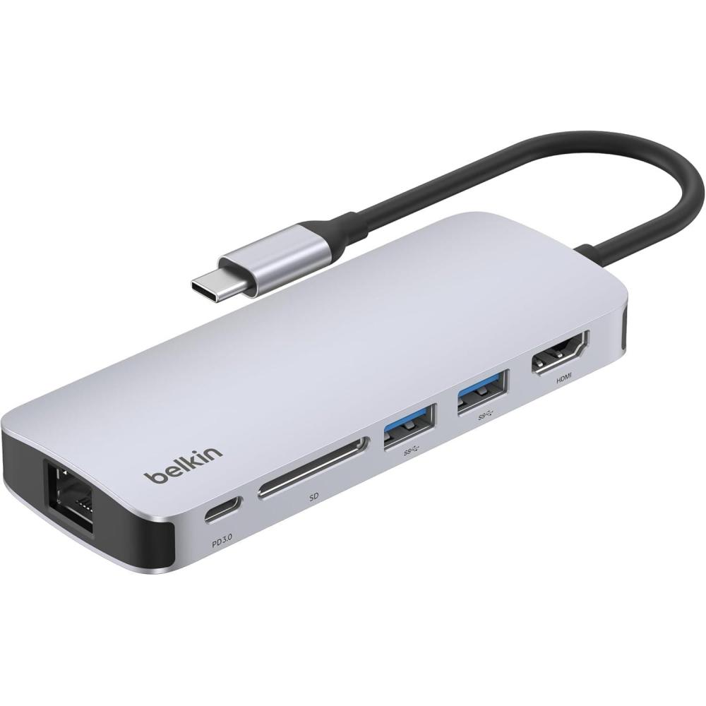 imageBelkin USBC Hub  6in1MultiPortAdapter Dock with 4K HDMI USBC 100W PD PassThrough Charging 2X USBA Ports Gigabit Ethernet Ports and SD Slot for MacBook Pro Air iPad Pro XPS and More