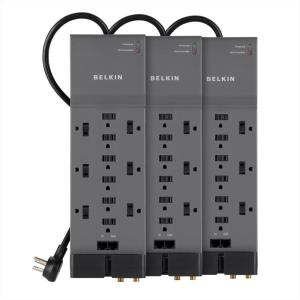 Belkin 12-Outlet Power Strip Surge Protector with 10-Foot Cord and Telephone, Ethernet, Coaxial Protection, BE112234-10, Gray -(Pack of 3)(3 Pack)