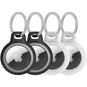 Belkin Apple AirTag Secure Holder with Key Ring – Durable Scratch Resistant Case with Open Face & Raised Edges – Protective AirTag Keychain Accessory for Keys, Pets, Luggage, Backpacks – 4-Pack Black(Black/White)