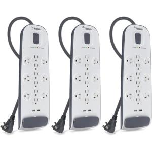Belkin USB Power Strip Surge Protector – 12 AC Multiple Outlets & 2 USB Ports – 6 ft Long Flat Plug Extension Cord for Home, Office, Travel, Computer Desktop & Charging Brick – White (3,996 Joules)(With USB-A  3 Pack)