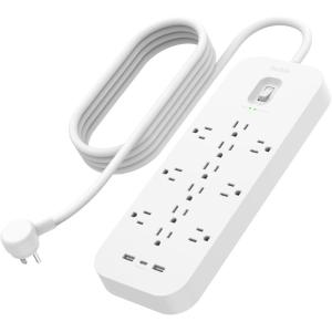 Belkin USB Power Strip Surge Protector – 12 AC Multiple Outlets & 2 USB Ports – 6 ft Long Flat Plug Extension Cord for Home, Office, Travel, Computer Desktop & Charging Brick – White (3,996 Joules)(With USB-A & C)
