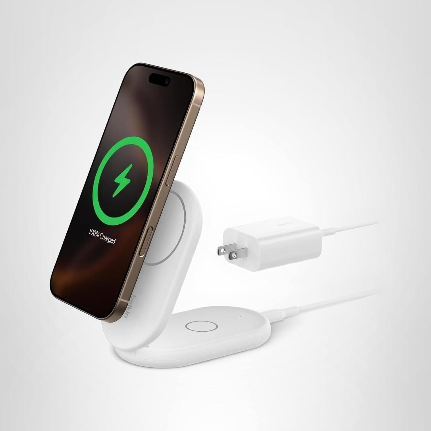 imageBelkin Magnetic Foldable Wireless Charging Stand 15W MagSafeCompatible Qi2Certified Charger Wireless Charging Stand for iPhone 16 Galaxy S25 amp More Standby Mode Ready wPSU Included WhiteWhite