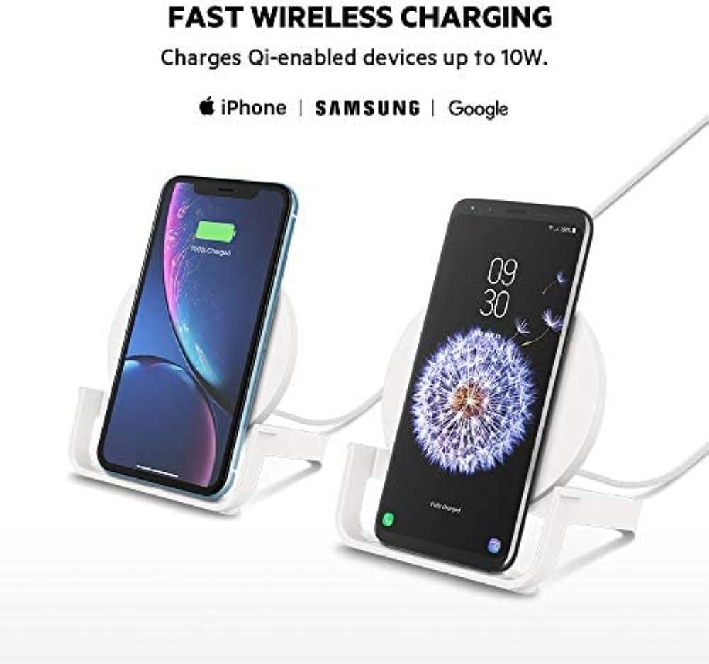imageBelkin Quick Charge 10W Wireless Charger QiCertified Charger Stand for iPhone Samsung Galaxy Charge While Listening to Music Streaming Videos amp Video Calling Includes AC Adapter White