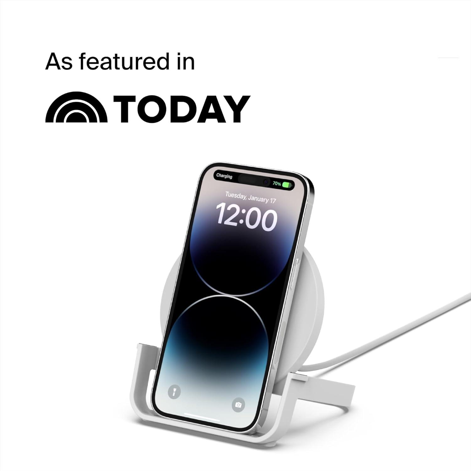 imageBelkin Quick Charge 10W Wireless Charger QiCertified Charger Stand for iPhone Samsung Galaxy Charge While Listening to Music Streaming Videos amp Video Calling Includes AC Adapter White