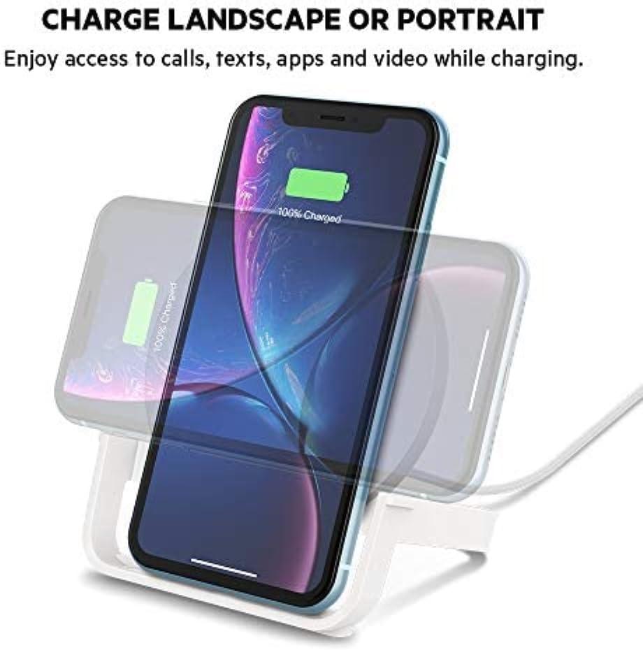 imageBelkin Quick Charge 10W Wireless Charger QiCertified Charger Stand for iPhone Samsung Galaxy Charge While Listening to Music Streaming Videos amp Video Calling Includes AC Adapter White