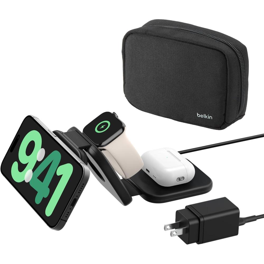 imageBelkin 2in1 Magnetic Charging Travel Pad 15W  MagSafeCompatible Foldable Qi2Certified Wireless Charging Station iPhone Charger for iPhone 16 Series Apple Watch 9 AirPods and More  Black3 in 1