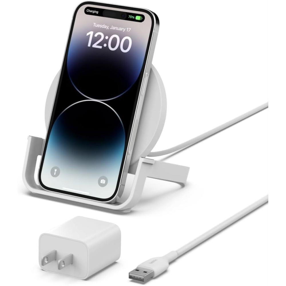 imageBelkin Quick Charge 10W Wireless Charger  QiCertified Charger Stand for iPhone Samsung Galaxy  Charge While Listening to Music Streaming Videos amp Video Calling  Includes AC Adapter  White