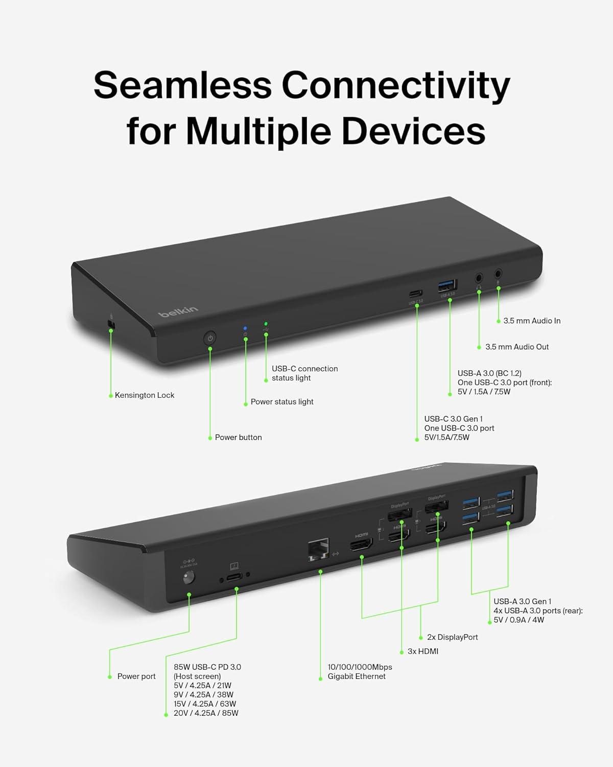 imageBelkin 15in1 Universal Triple Display DisplayLink Docking Station Hub w 3 HDMI Ports 2 DisplayPorts for Triple 4K Display w 85W PD 35mm MicSpeaker 1 USBC amp 5 USBA Ports Black