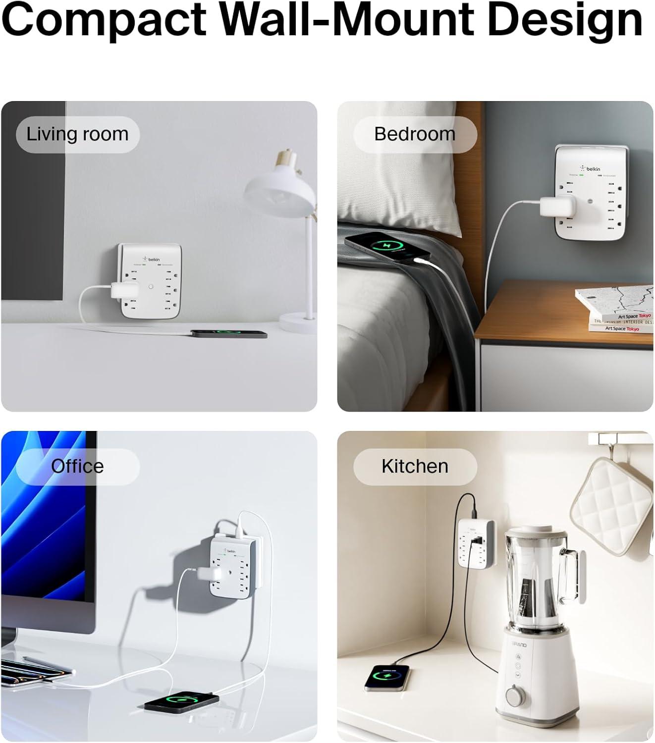 imageBelkin 6Outlet Wall Surge Protector w 2 USBA Ports WallMountable Surge Protector for Home Office Travel Computer Desktop Laptop Phone Charger amp More 900 Joules of ProtectionPack of 1