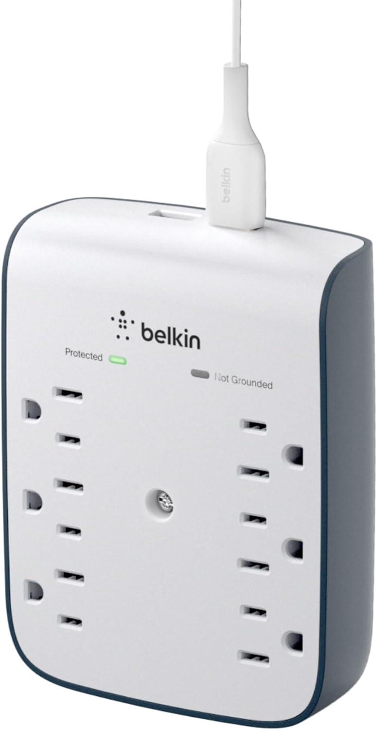 imageBelkin 6Outlet Wall Surge Protector w 2 USBA Ports WallMountable Surge Protector for Home Office Travel Computer Desktop Laptop Phone Charger amp More 900 Joules of ProtectionPack of 1