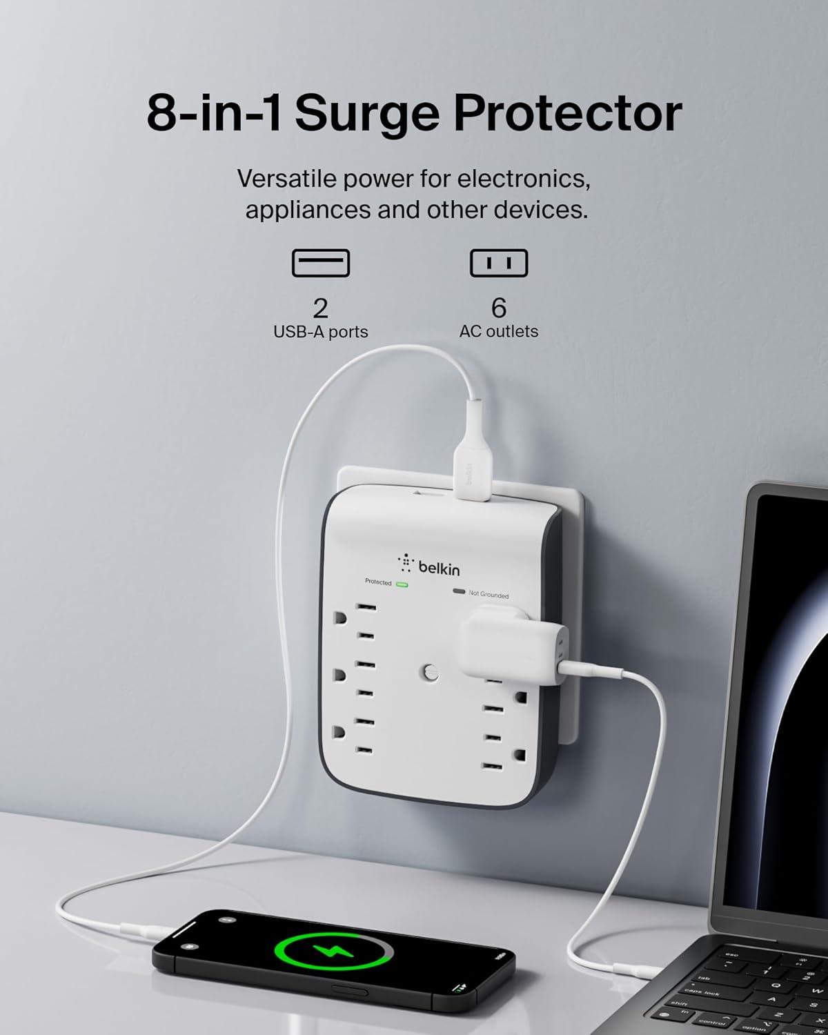 imageBelkin 6Outlet Wall Surge Protector w 2 USBA Ports WallMountable Surge Protector for Home Office Travel Computer Desktop Laptop Phone Charger amp More 900 Joules of ProtectionPack of 1