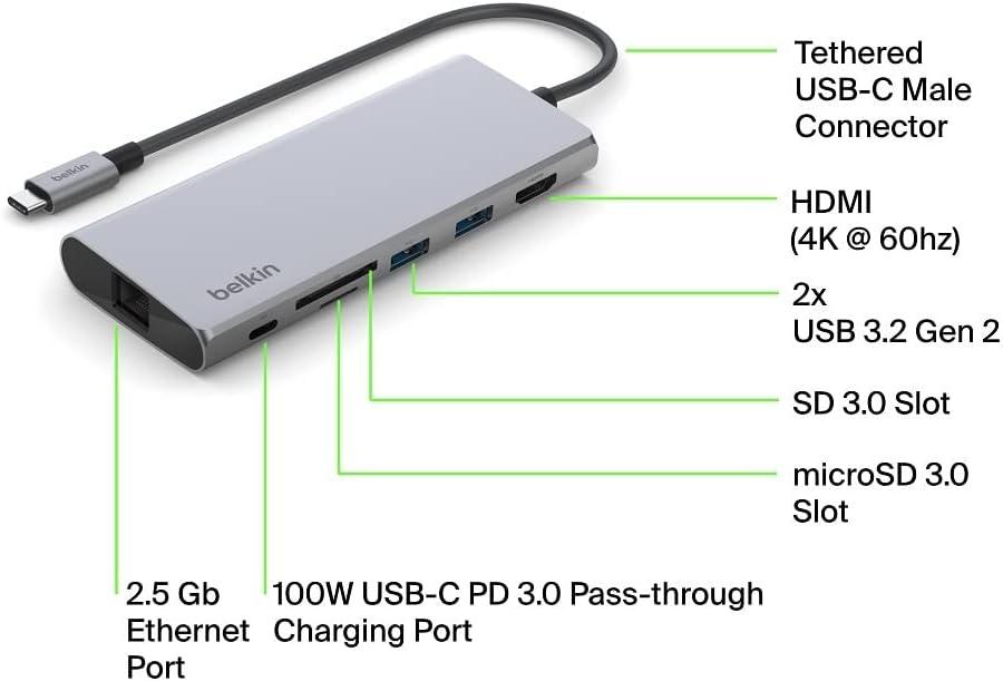 imageBelkin 7in1 USBC Hub Multiport Adapter Dongle with 4K 60Hz HDMI 100W Power Delivery 25Gb 2 USB A Ports SD and MicroSD Slot for MacBook Pro 14 and 16 iPad Pro 129 amp 11 XPS Surface and More