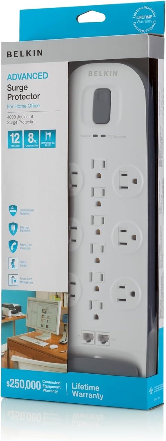 imageBelkin Power Strip Surge Protector 12 AC Multiple Outlets Ethernet amp Cable Protection 8 ft Long Extension Cord for Home Office Travel Computer Desktop amp Phone Charger 3996 Joules WhiteWhite