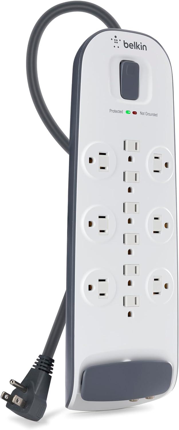 imageBelkin Power Strip Surge Protector 12 AC Multiple Outlets Ethernet amp Cable Protection 8 ft Long Extension Cord for Home Office Travel Computer Desktop amp Phone Charger 3996 Joules WhiteWhite