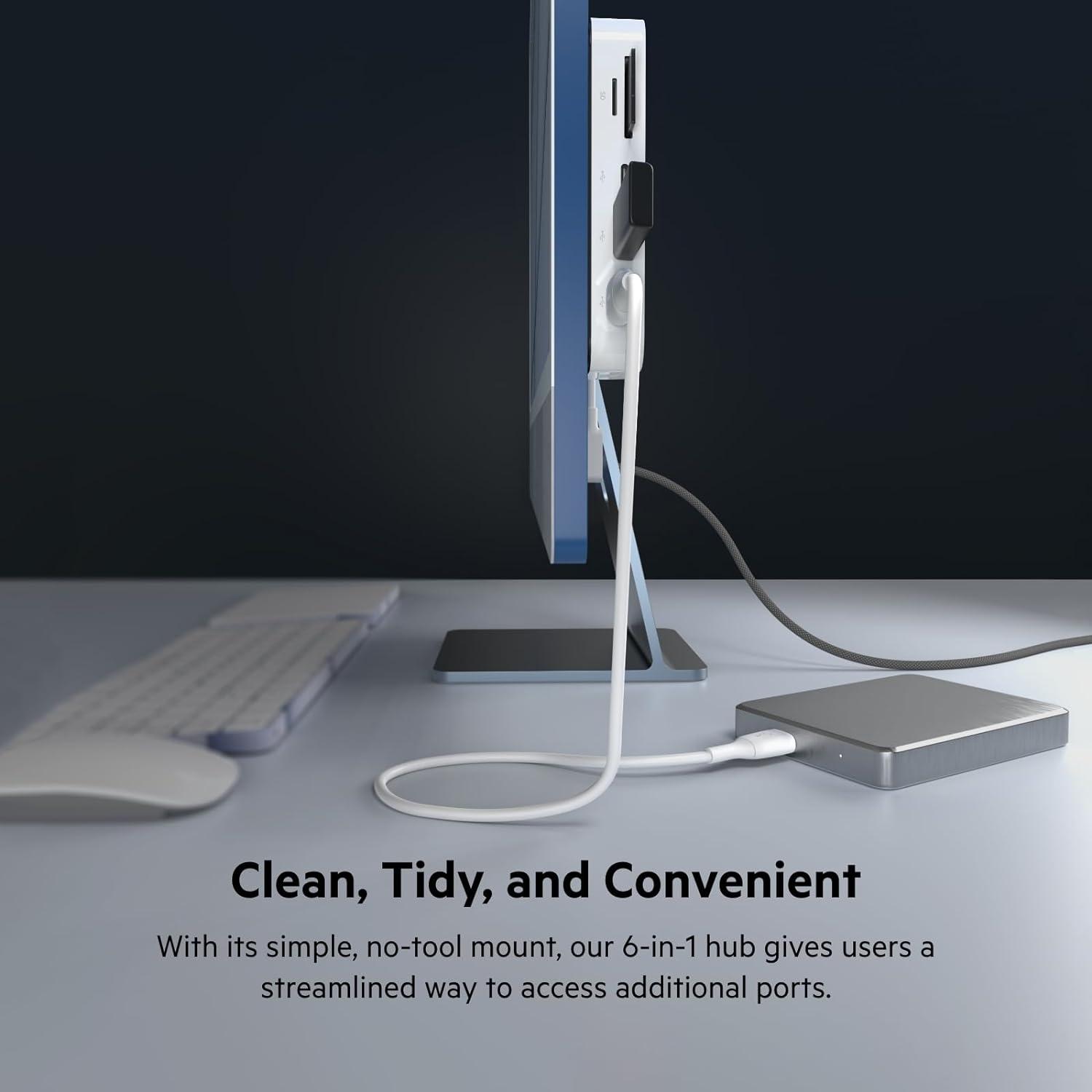 imageBelkin USBC 6in1 Multiport Hub with Mount USBC Docking Station with MicroSD Card Reader Powered USB Hub Compatible with MacBook Chromebook iMac PC and Other USBC Devices White