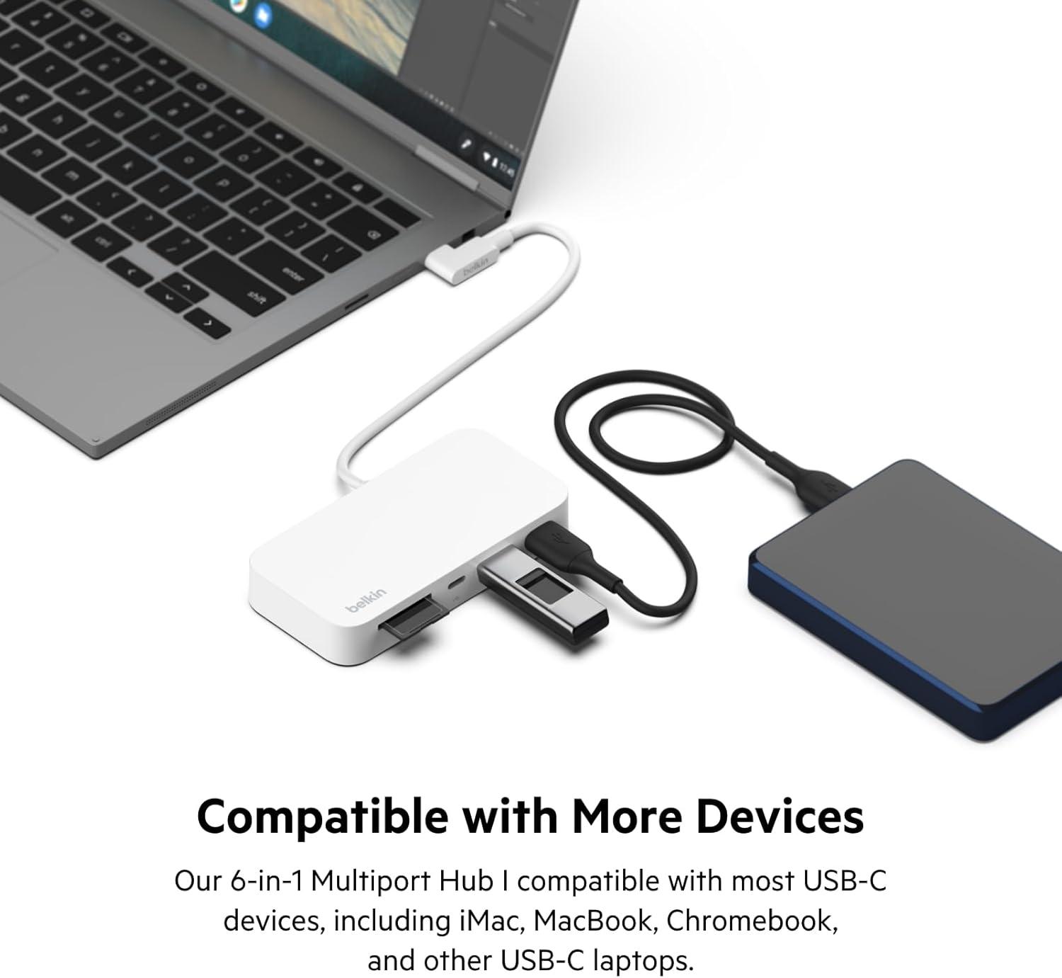 imageBelkin USBC 6in1 Multiport Hub with Mount USBC Docking Station with MicroSD Card Reader Powered USB Hub Compatible with MacBook Chromebook iMac PC and Other USBC Devices White